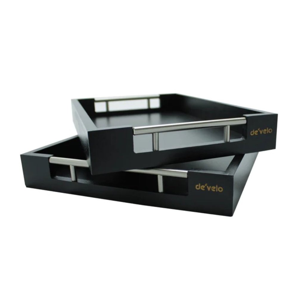 Bamboo Modern Serving Tray with Metal Handles (Set of 2) - BLACK